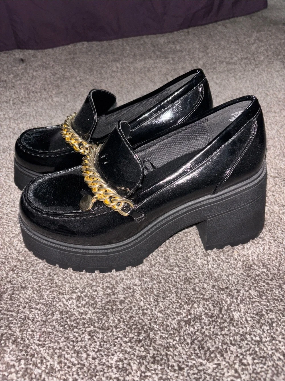 Soda Black Patent Platform Loafers with Gold Chain